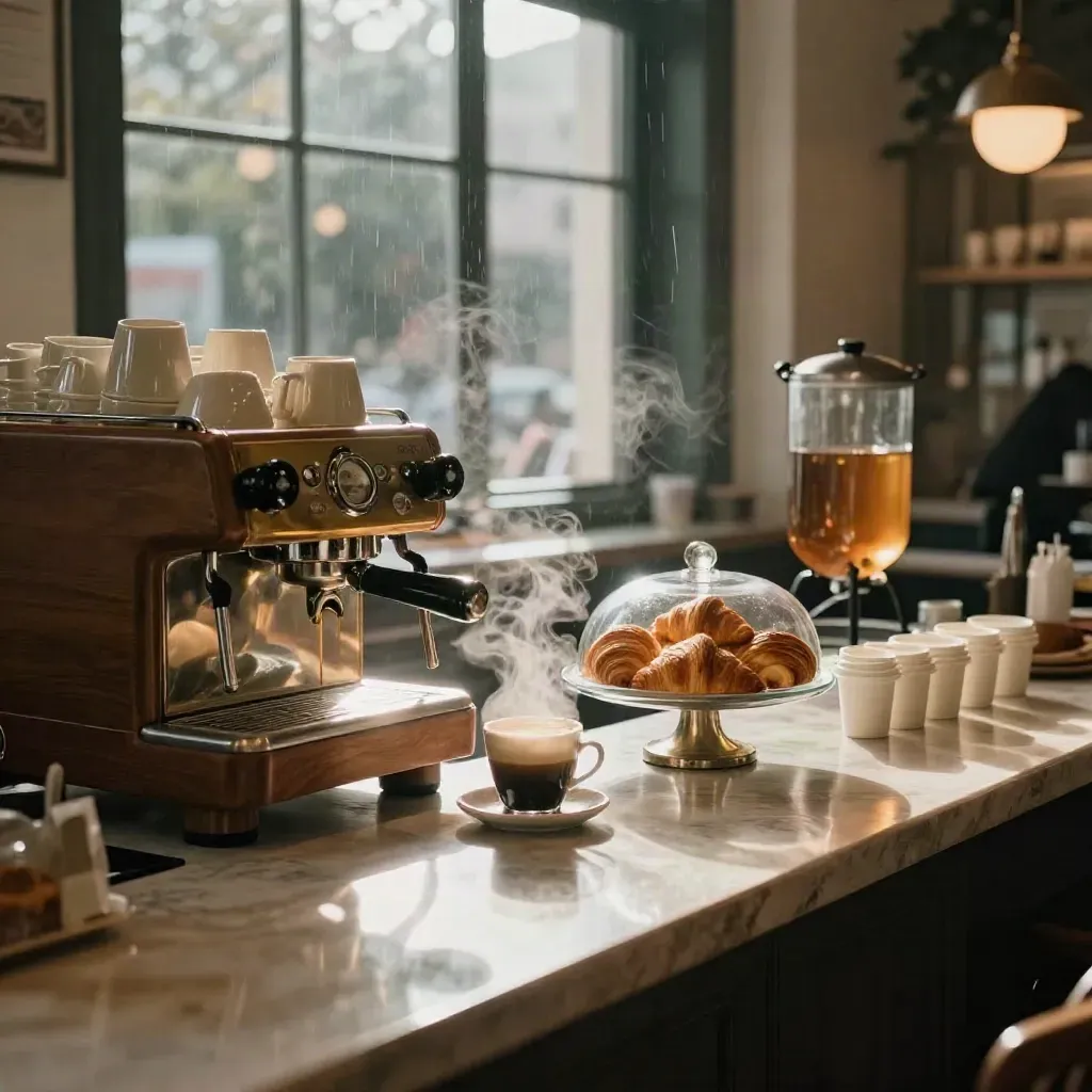 Moody cafe counter with espresso machine, pastries, cold brew, and takeaway cups.