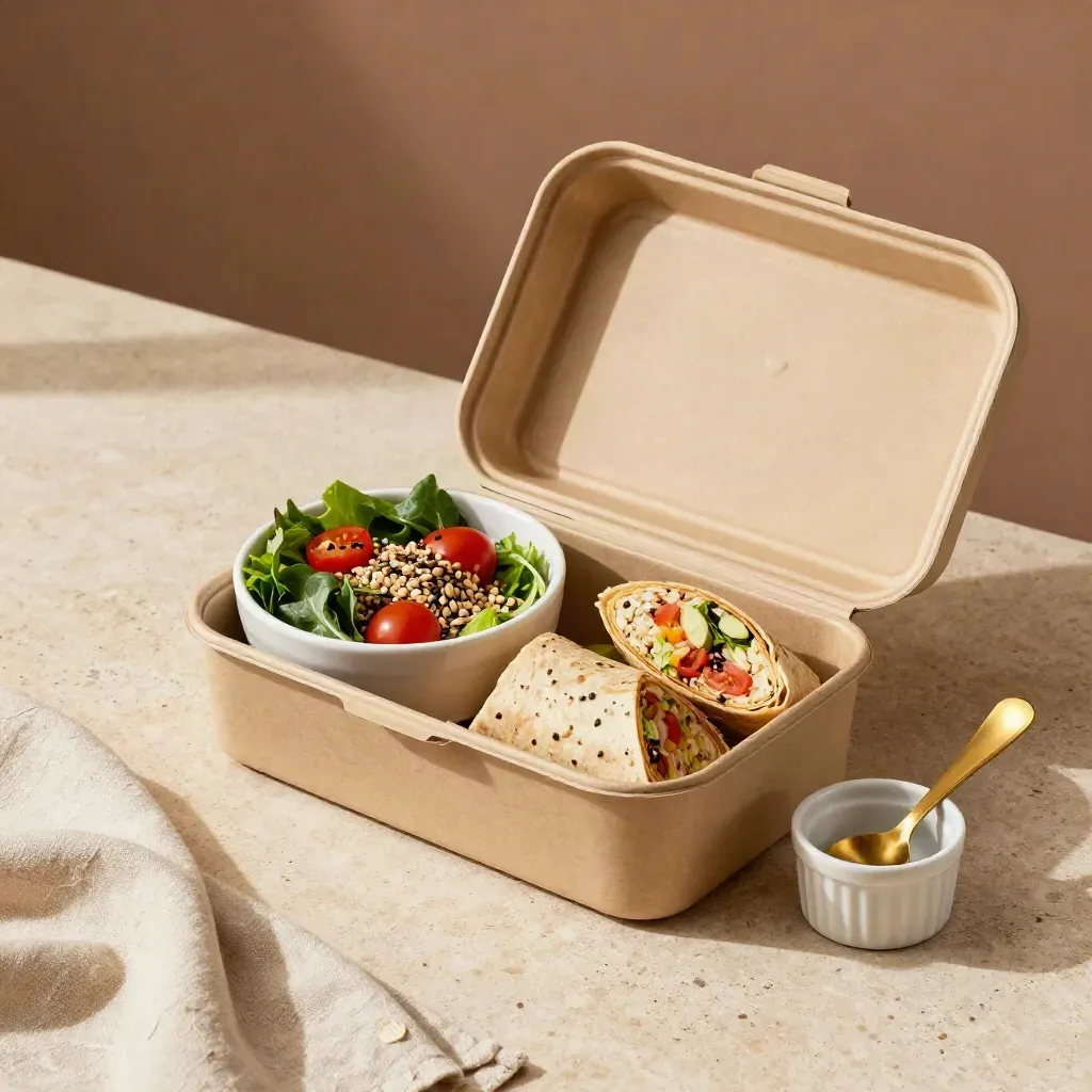 Open lunch box with salad bowl, wrap halves and ramekin on a warm stone counter