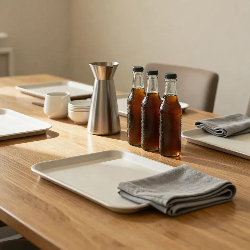 Empty conference room with sandwich trays, cold brew bottles, and a carafe on a warm wood table.