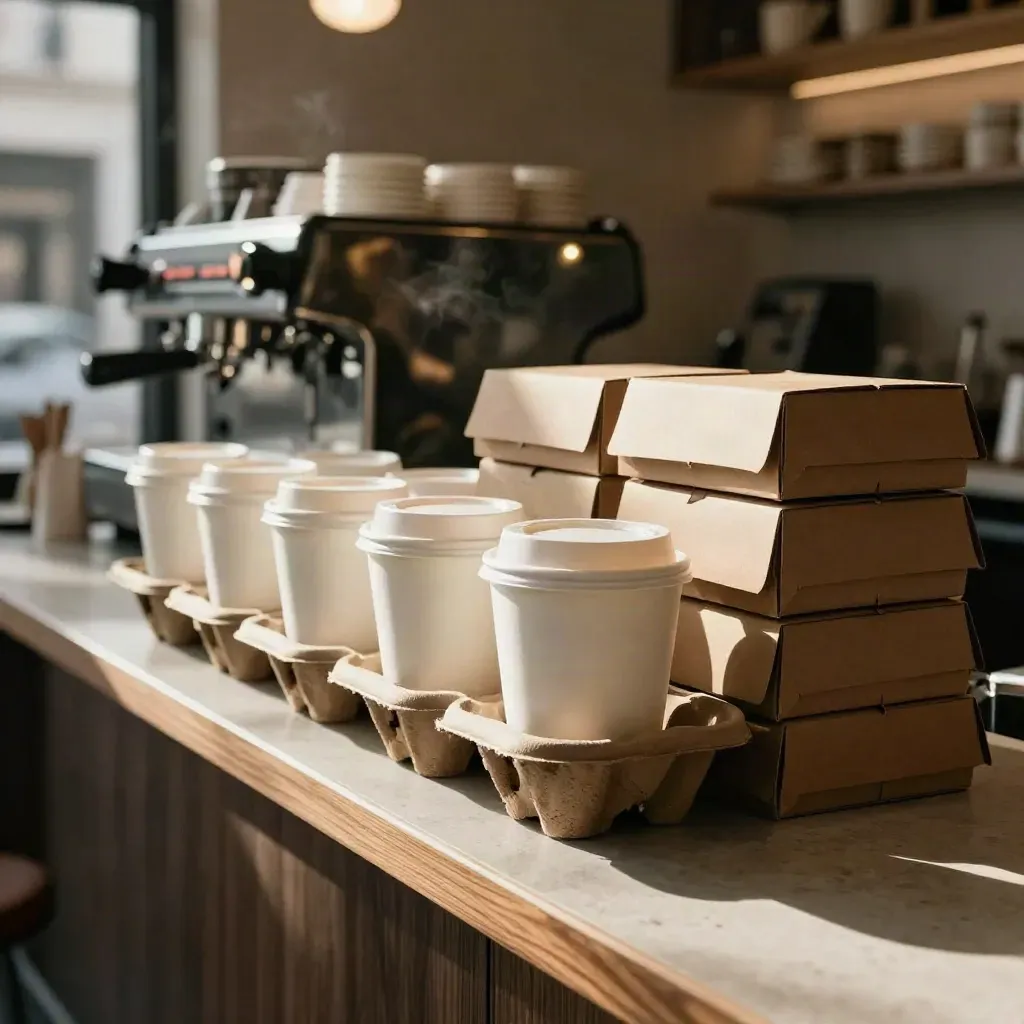 Takeaway coffee cups and pastry boxes lined up on a cozy cafe pass at dawn.