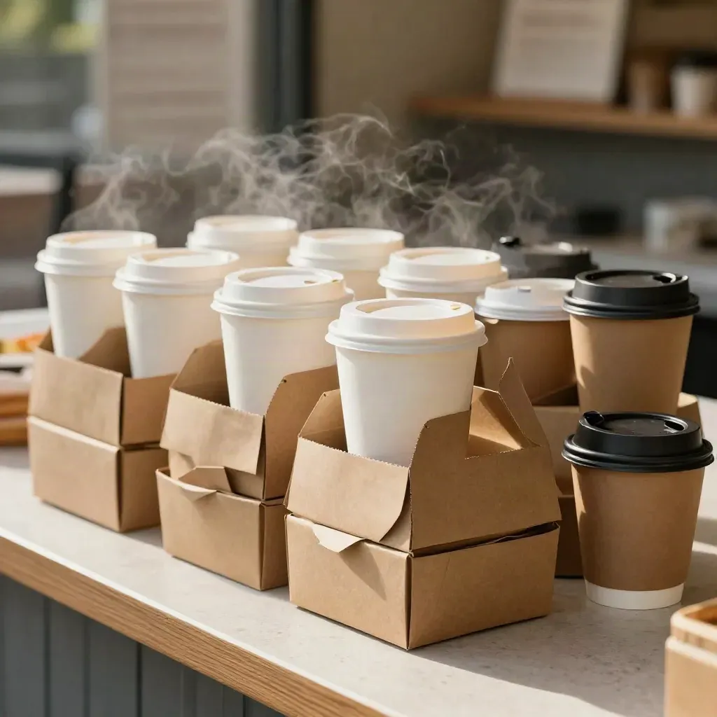Pastry boxes, tea cups, and coffee carriers stacked on a campus pickup counter with steam