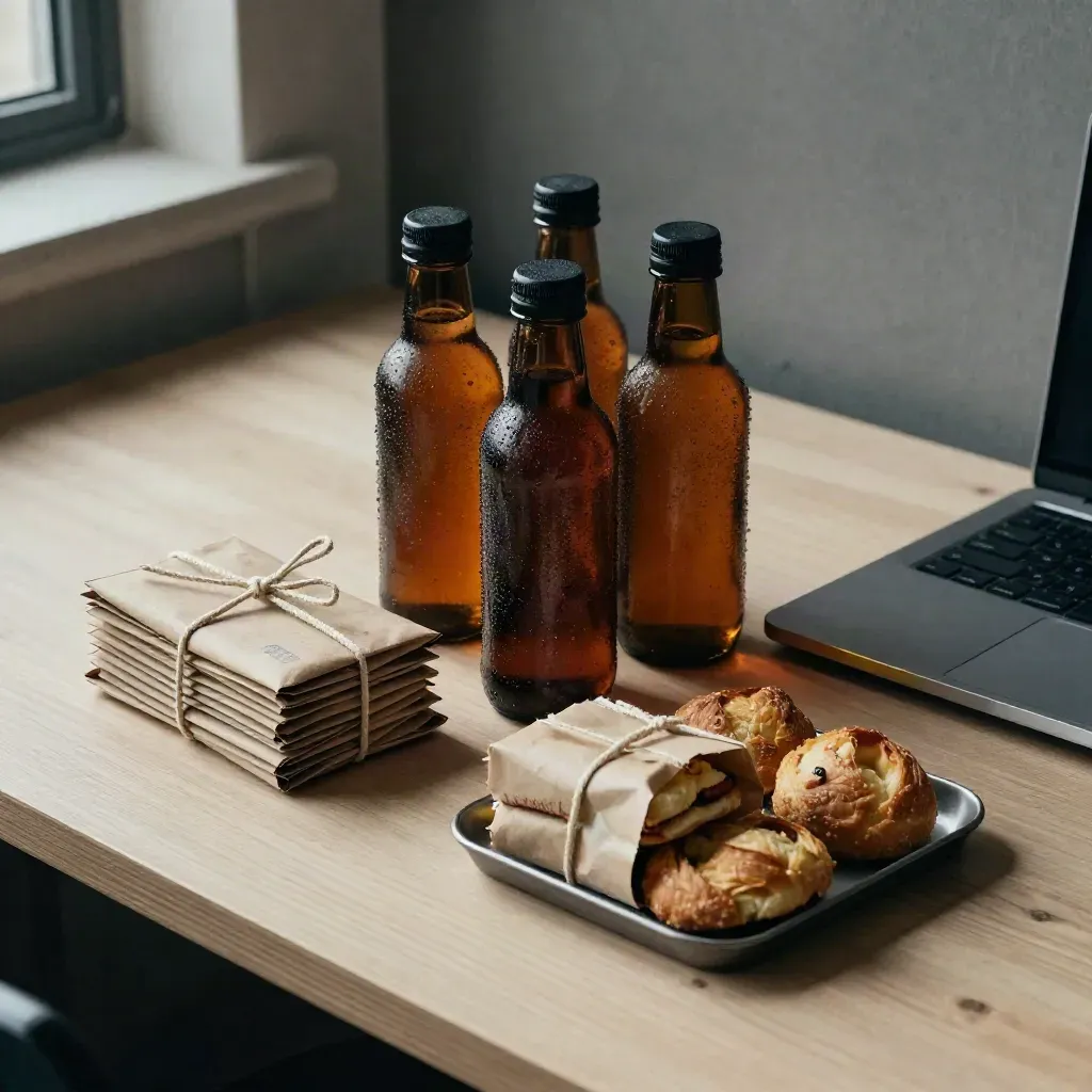 Cold brew bottles, breakfast packs, and a closed laptop on a pale wood work surface.