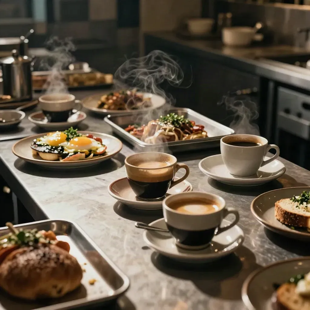 Espresso cups, brunch plates, and hot trays lined up on a steaming café service pass.