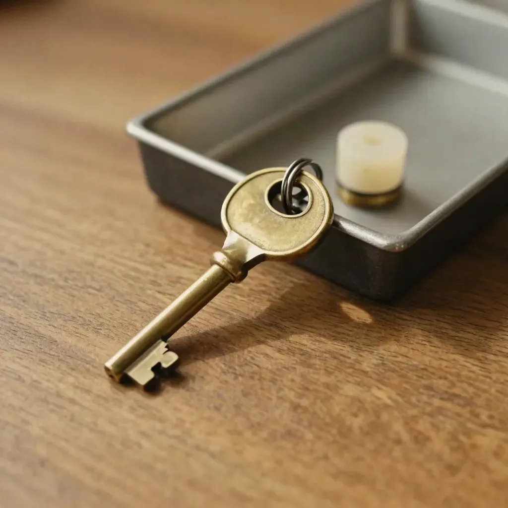 Brass key ring, drawer key, till tray corner and service stamp block on a warm wooden counter.