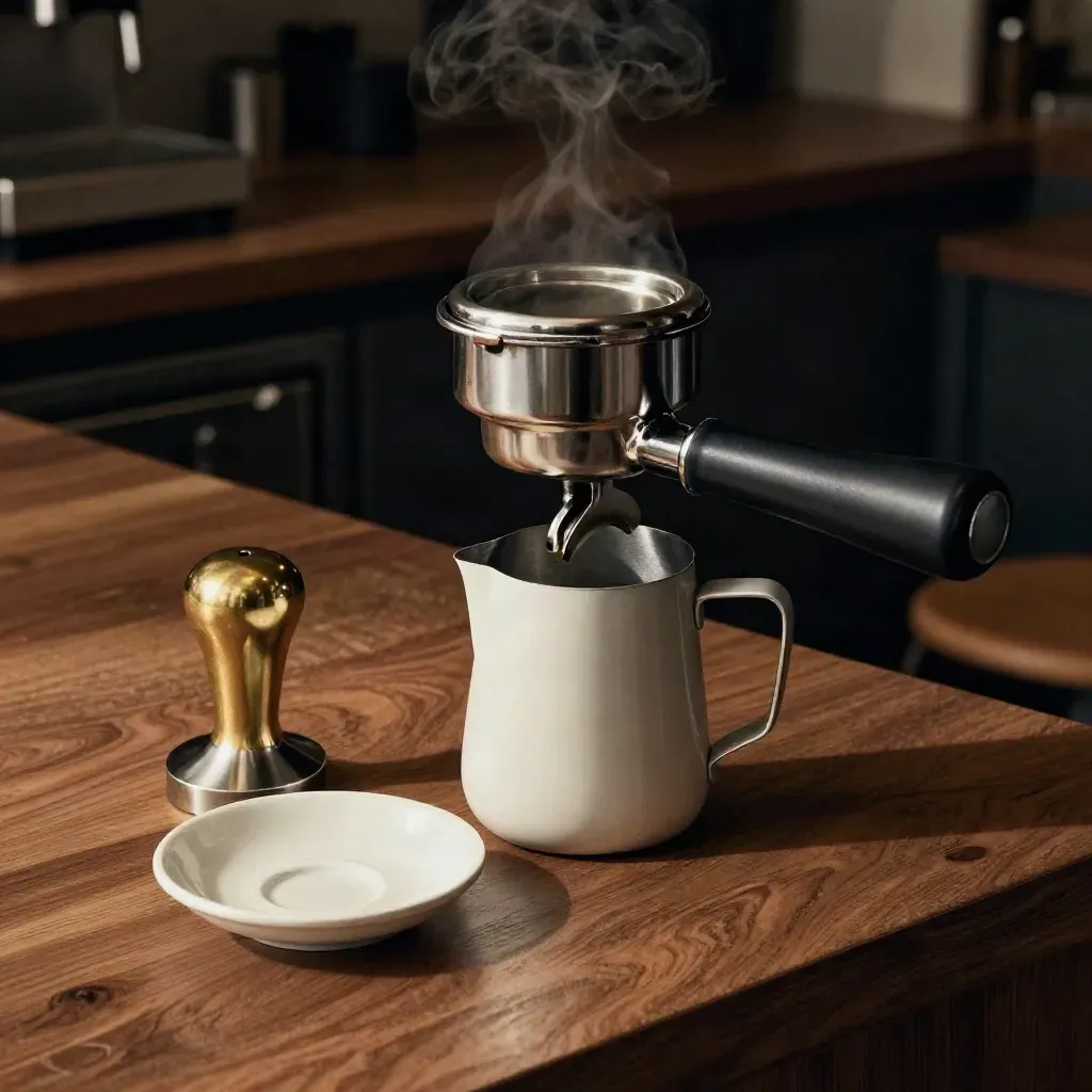 Espresso tools beside a grinder chute on a warm walnut counter, lit dramatically