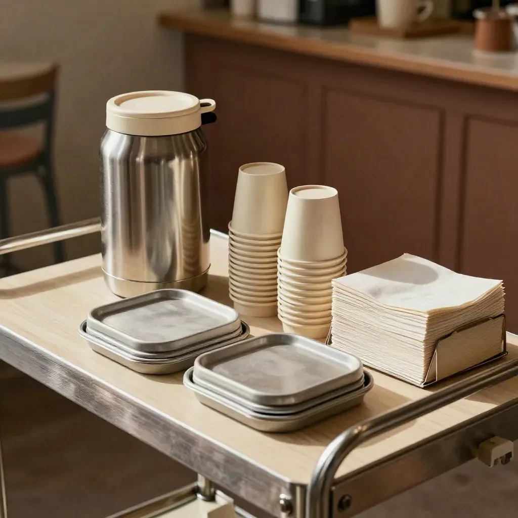 Catering kit with carafe, stackable cups, lidded trays and napkin caddy on a prep cart.
