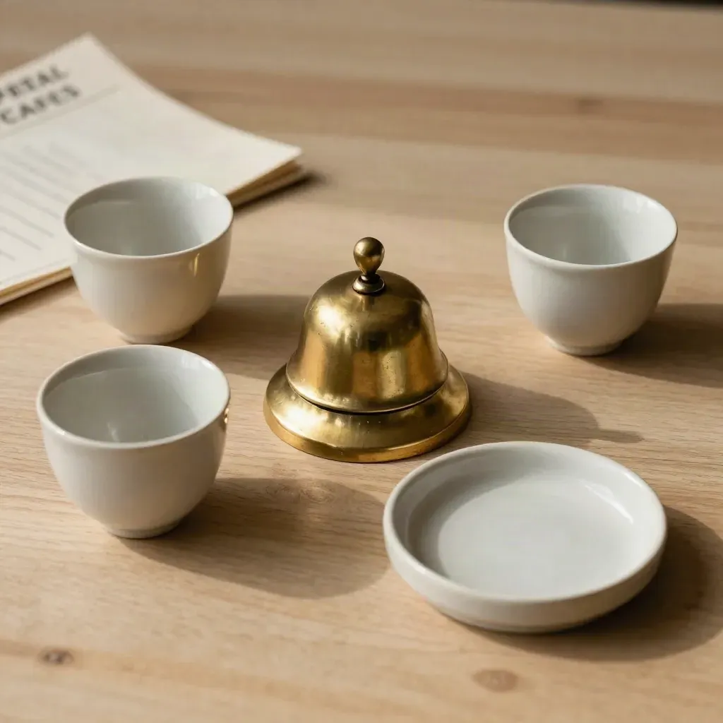 Brass bell, three ceramic tasting cups, and a token dish on pale wood under soft daylight.