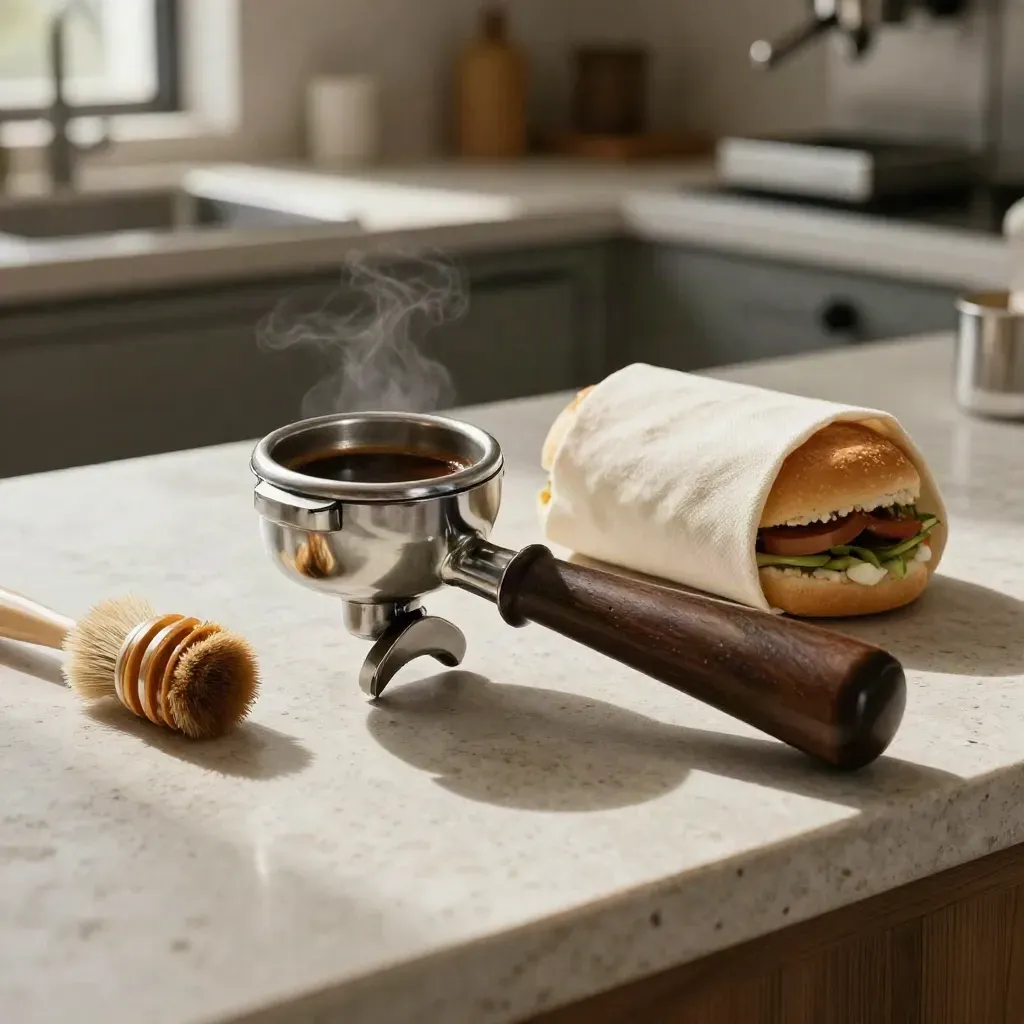 Portafilter, pastry brush, and wrapped breakfast sandwich on stone with soft steam.