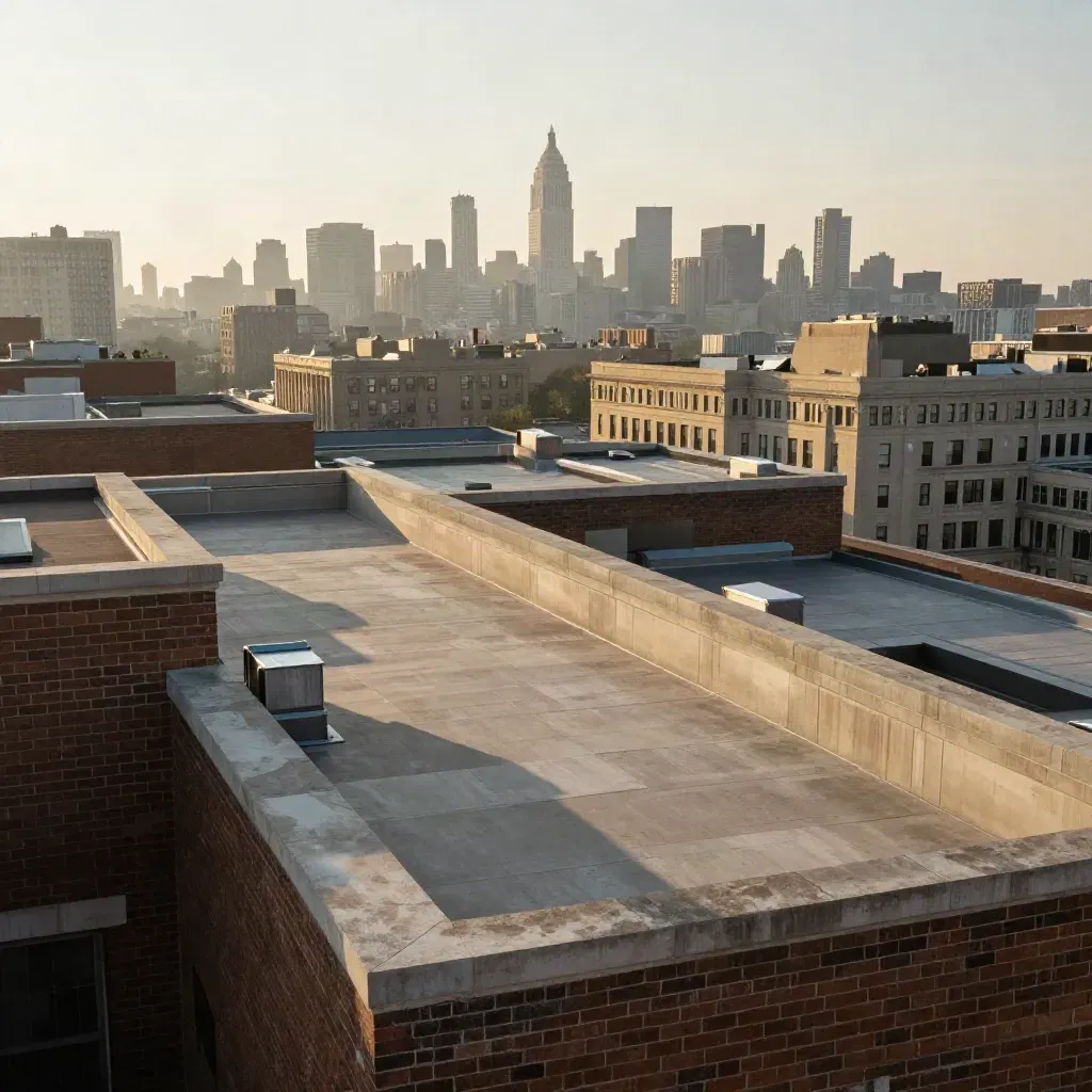 Golden haze over downtown DC rooftops and distant civic towers at sunrise.