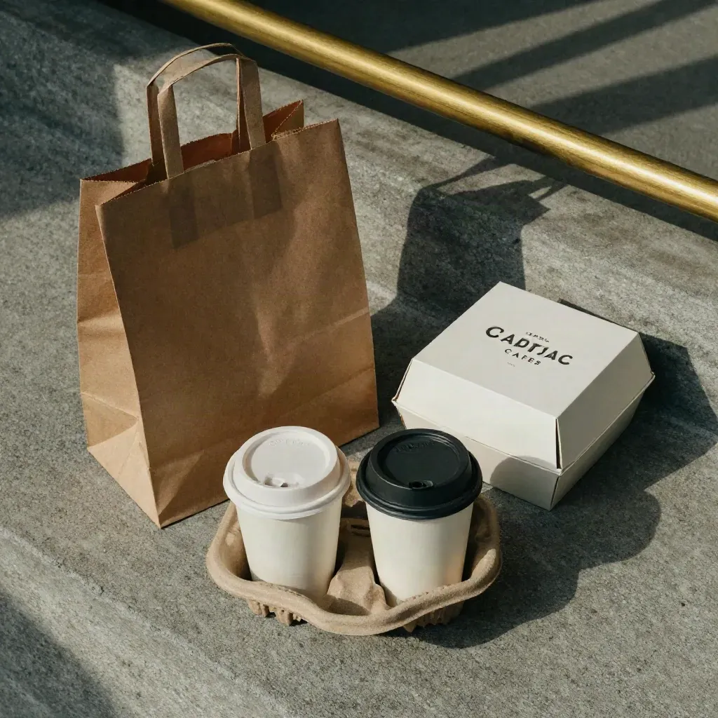 Overhead flatlay of a kraft carry bag, two-cup carrier, and sealed pastry box on concrete.