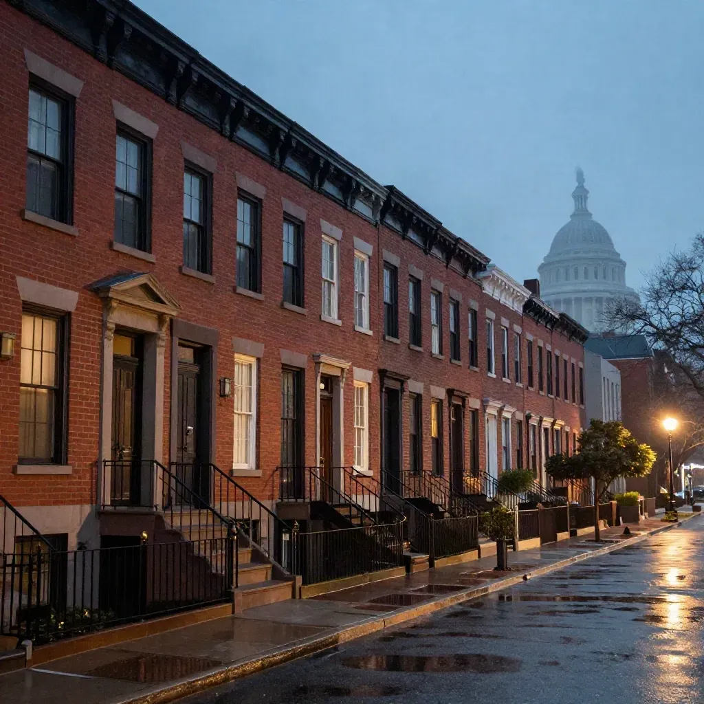Capitol Hill rowhouses and distant dome over wet streets at blue hour