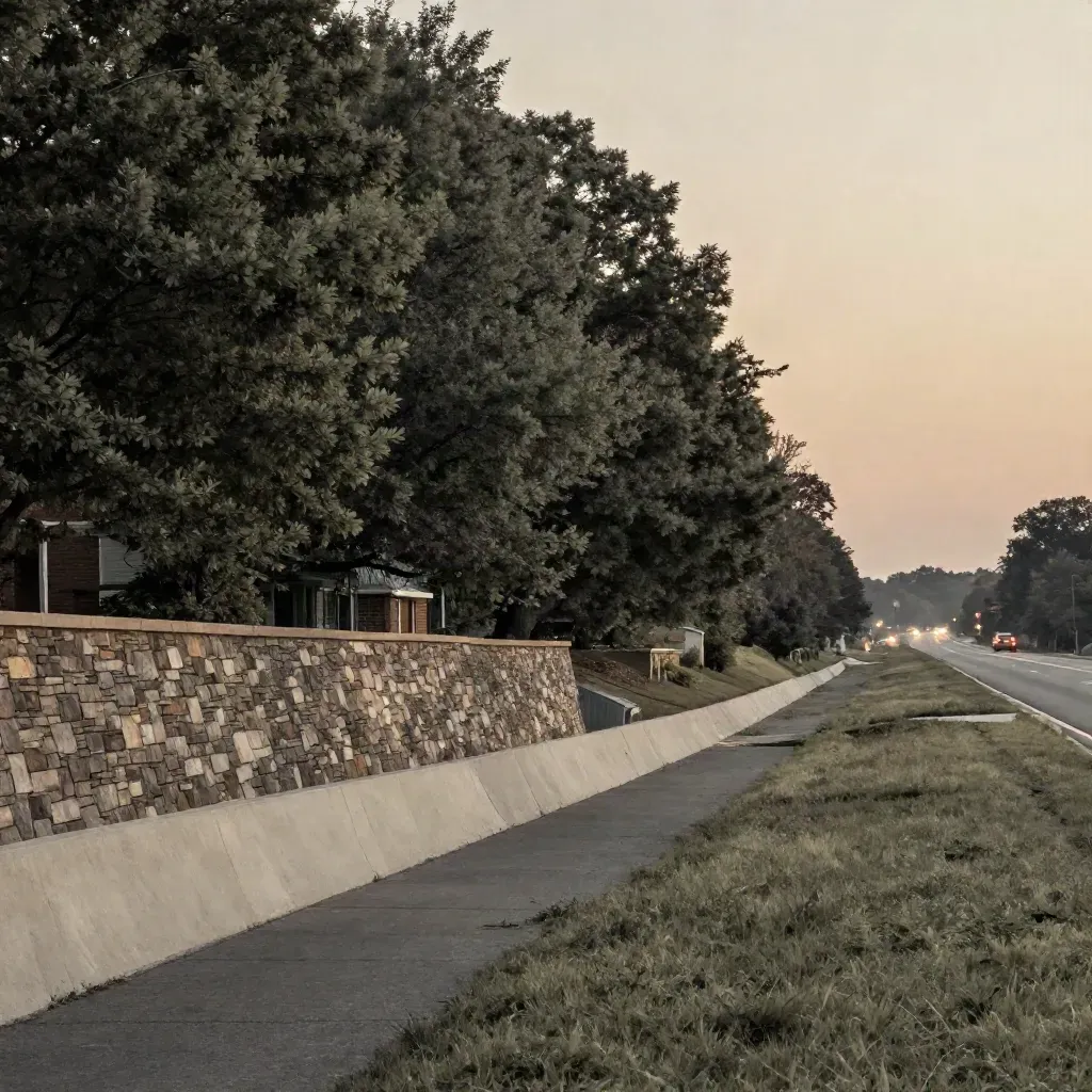 Golden-hour Beltway landscape with tree canopy, low stone facades, and soft road glow.
