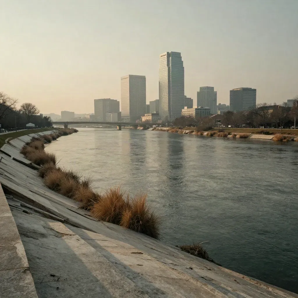 Foggy Northern Virginia river overlook with Rosslyn towers and bridge lines above calm water
