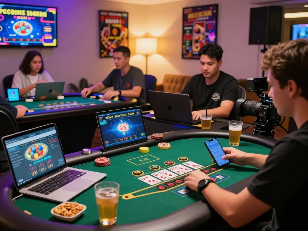 Engaging online baccarat gaming experience showcasing devices, players, and vibrant atmosphere.