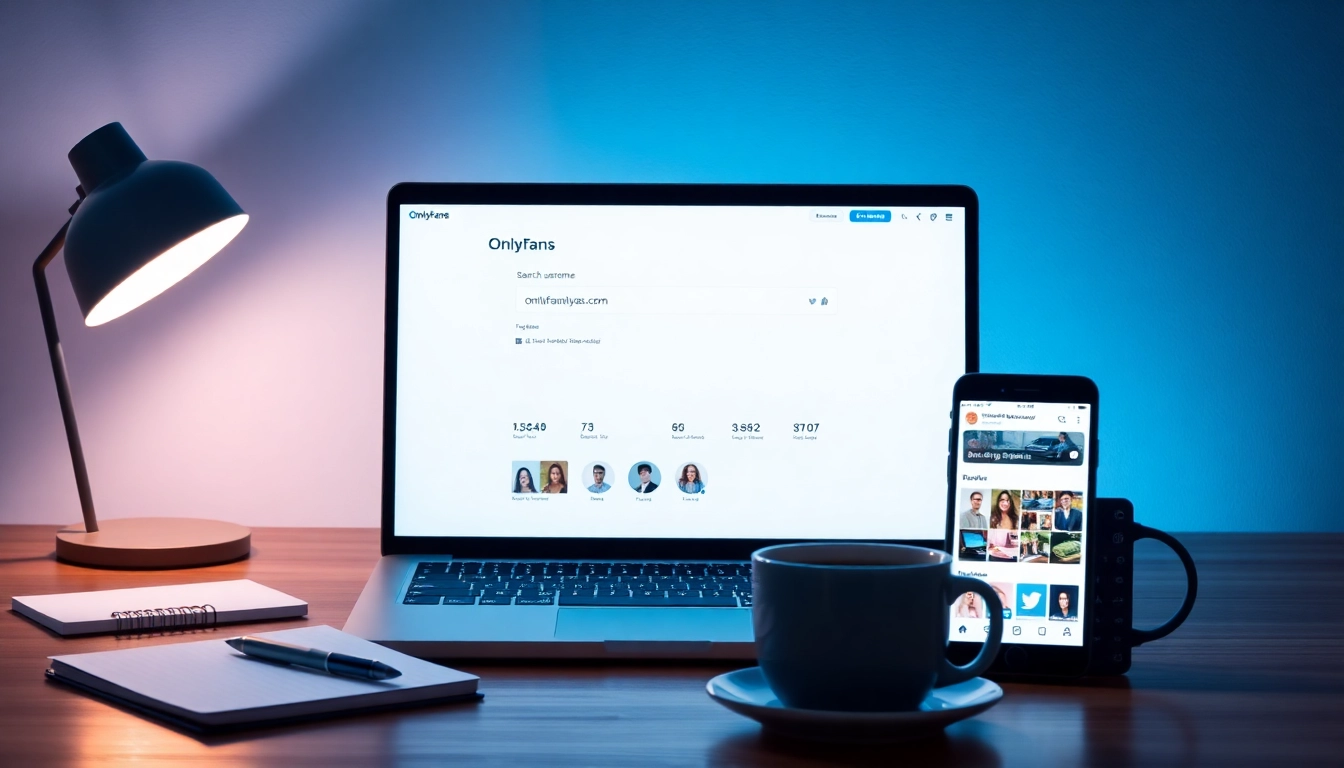 Search OnlyFans username results displayed on a laptop in a modern workspace.