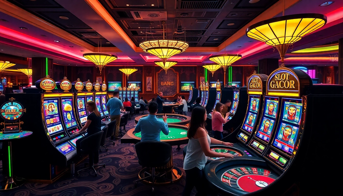 Experience the thrill of Slot Gacor as players celebrate wins amidst vibrant casino elements.