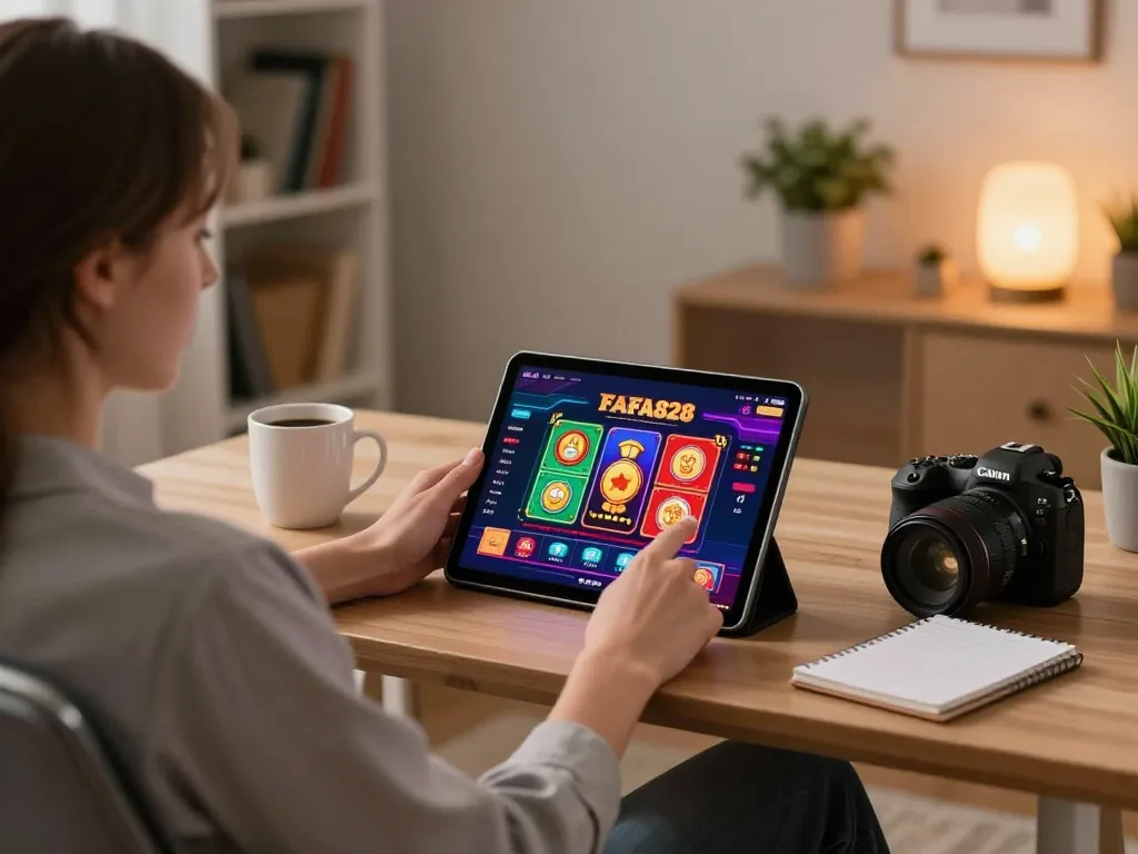 Player engaging in FAFA828 online casino gaming on tablet, showcasing immersive interface and strategic note-taking.