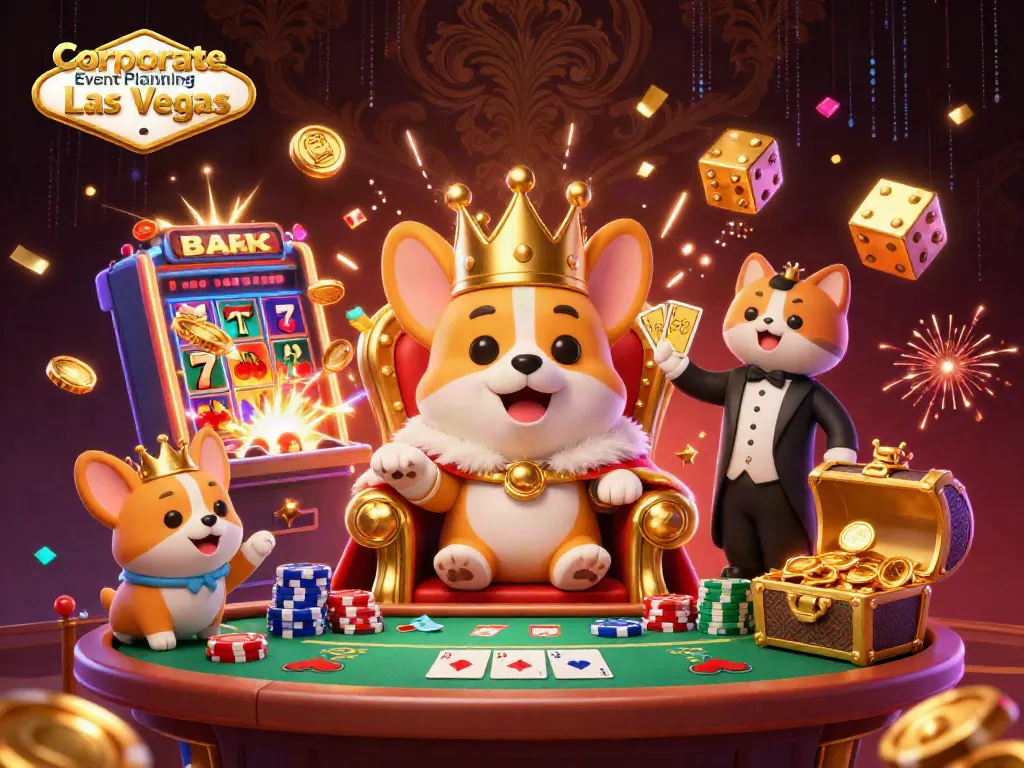 Engage in Corporate Event Planning Las Vegas with a vibrant 3D illustration showcasing a royal corgi and dynamic casino elements.