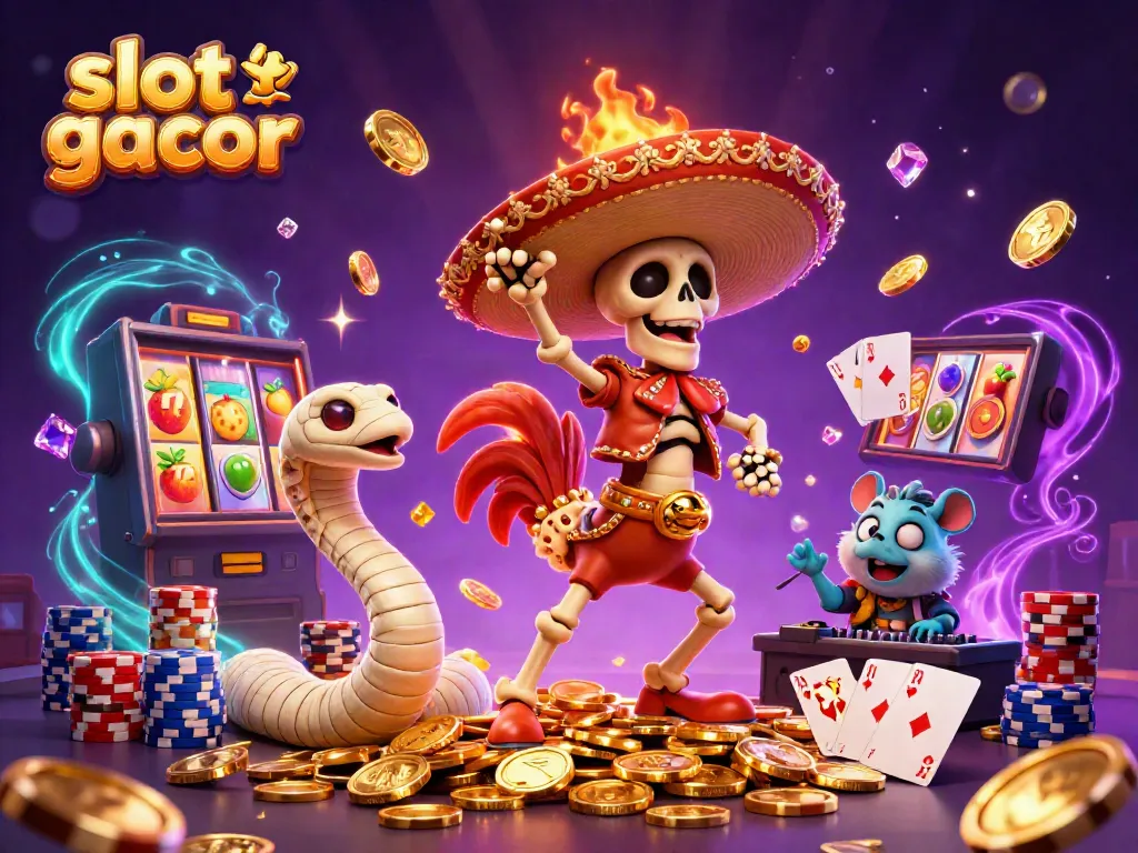 Experience the thrill of slot gacor with vibrant casino characters dancing amidst golden coins and jackpot elements.