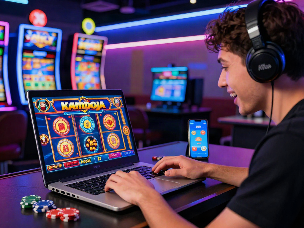 Exciting scene of a player enjoying slot kamboja game on a laptop in a vibrant online casino.