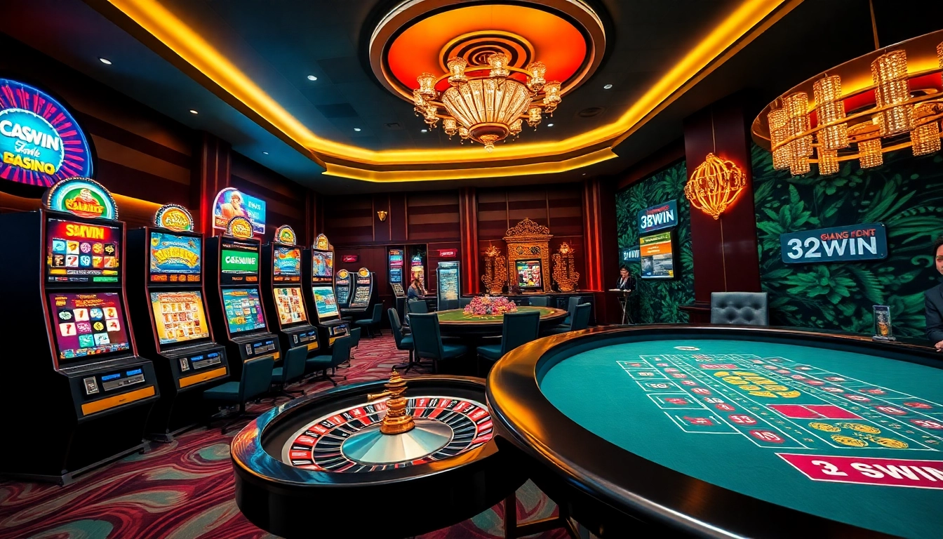 Experience the excitement of Trang chủ 32WIN with vibrant slot machines and a live dealer in a luxurious casino setting.
