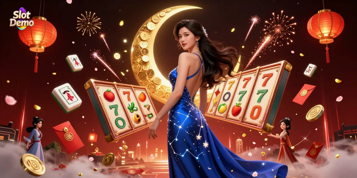 Engage with Slot Demo games through a vibrant, magical scene filled with enchanting symbols and dynamic slot reels.