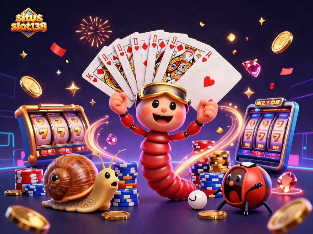 Experience the excitement of situs slot138 with a vibrant casino scene featuring playful characters and dynamic slot elements.
