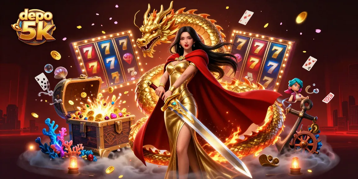 Play exciting games at depo 5k, featuring vibrant slot reels and a striking warrior queen.