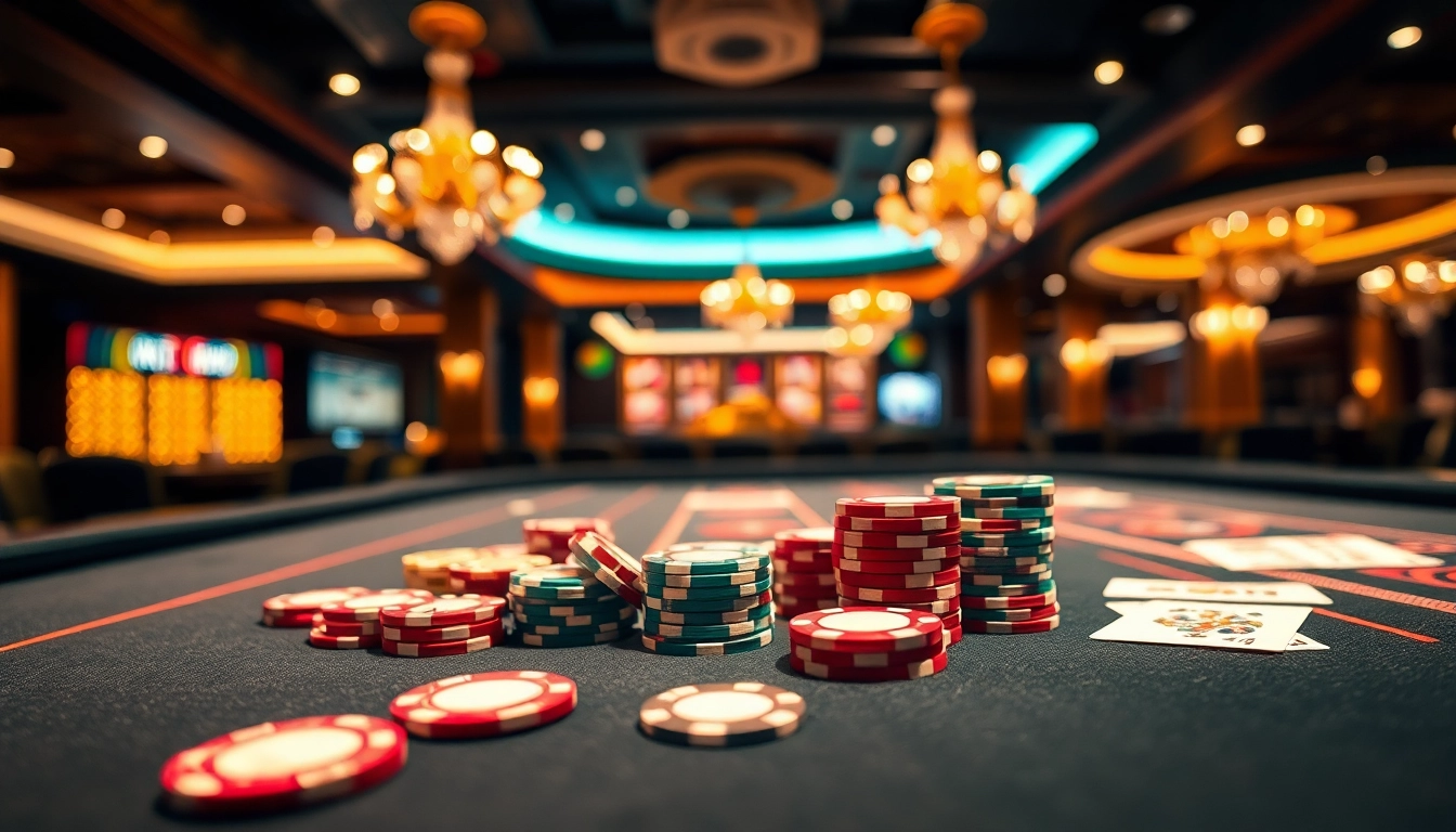 Experience the thrill of 8win Malaysia with vibrant casino setups featuring cards and chips.