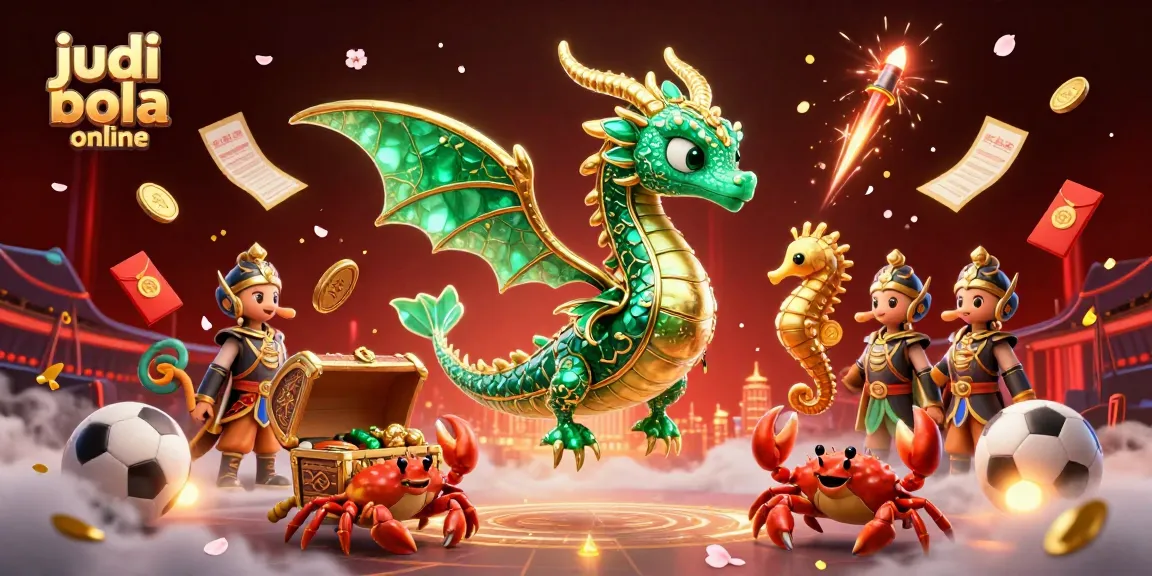 Engage in judi bola online action with an emerald sea dragon and sports-themed elements.