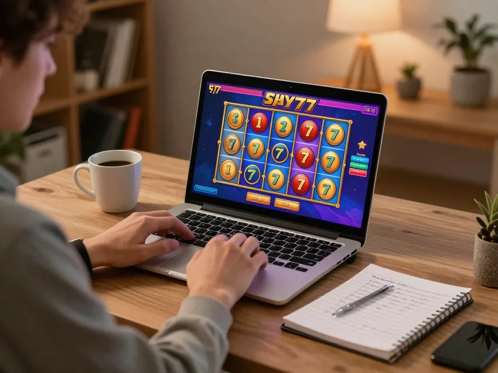 Engaging player gaming on slot77 with colorful reels, warm ambiance, and strategy notes.