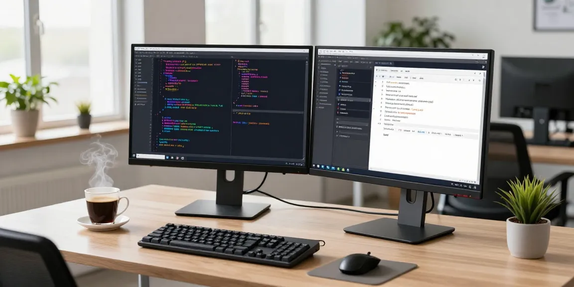 Productive workspace at scenadomen.pl featuring a developer coding on dual monitors.