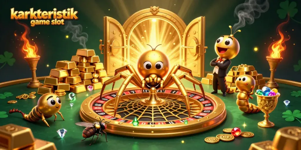 Menangkap karakteristik game slot dengan ilustrasi 3D kartun mewah, menampilkan laba-laba berwarna emas yang berjudi.