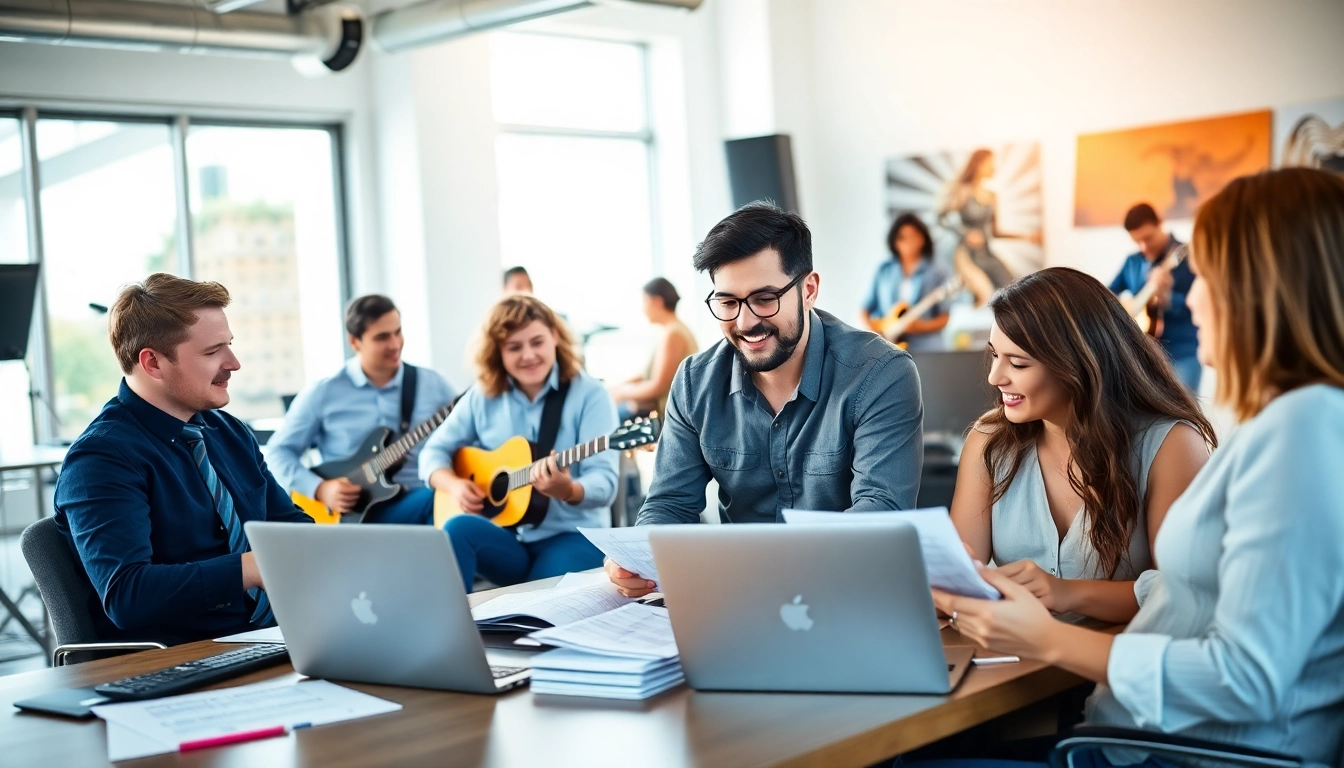 Team collaborating at a music PR firm, showcasing creativity and professionalism.