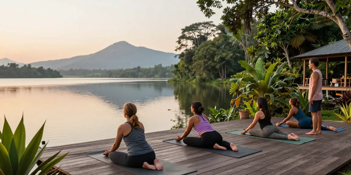 Yoga retreat south coast Sri Lanka with participants practicing Synergy Vinyasa yoga by Koggala Lake at sunrise.