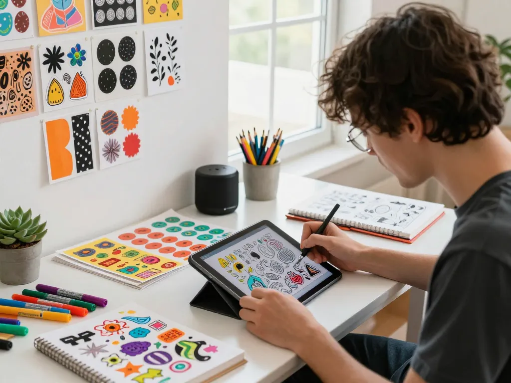 Artist designing custom stickers on a digital tablet amidst vibrant vinyl sheets and colorful markers.