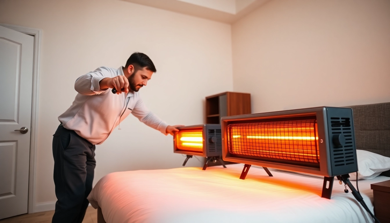 Implementing bed bug heat treatment with professional equipment in a clean, well-lit room.