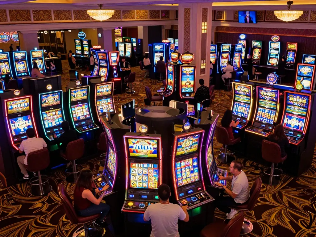CEMESLOT players engaging with vibrant slot machines in a lively casino atmosphere.