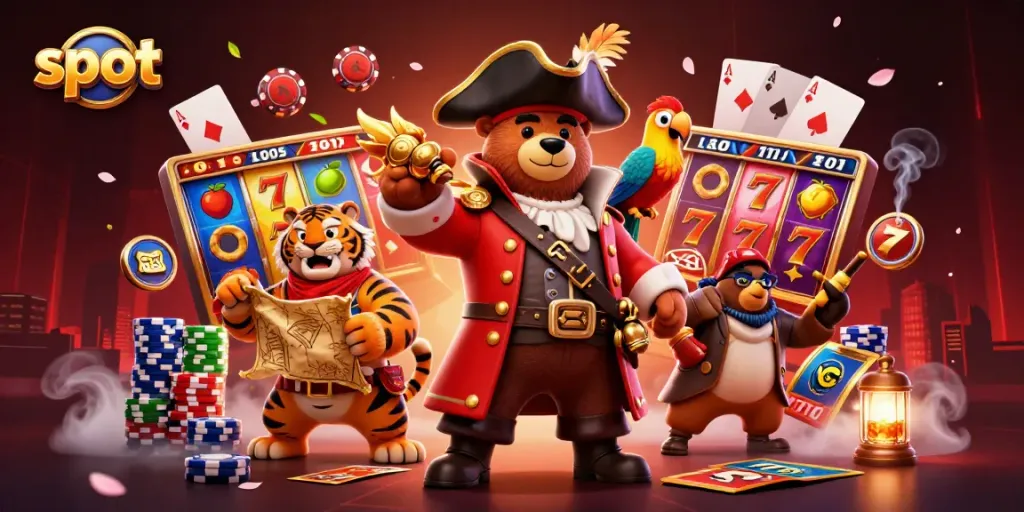 Spin the reels with the lively slot scene featuring a pirate bear, tiger, and parrot.