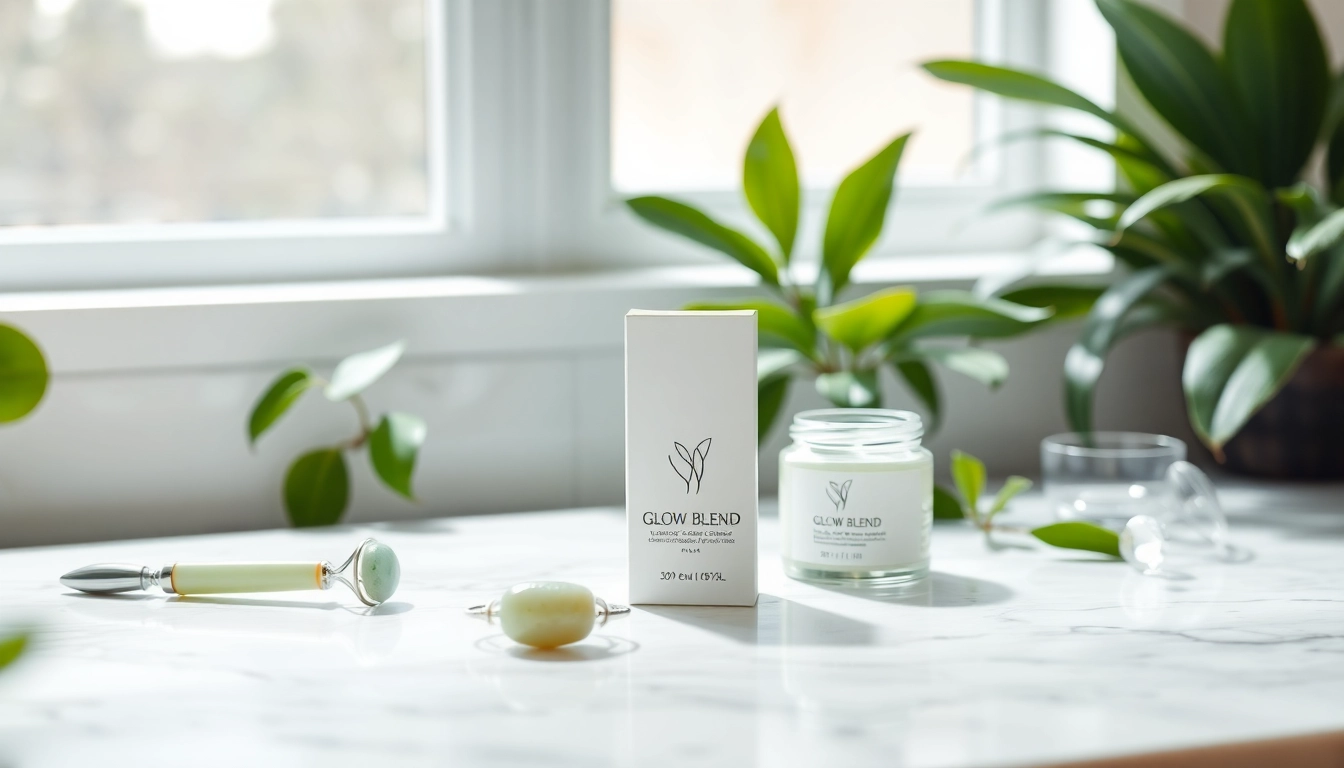 Apply Glow Blend for radiant skin, featuring elegant packaging and a calming atmosphere.