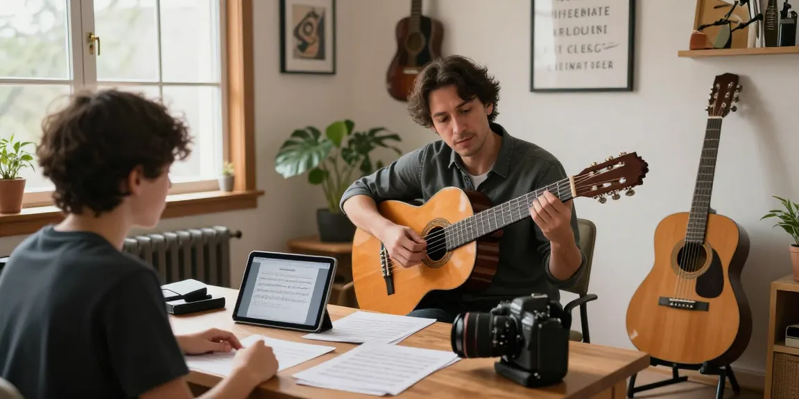 Engaging online guitar lessons with a certified guitar coach online in a cozy studio.