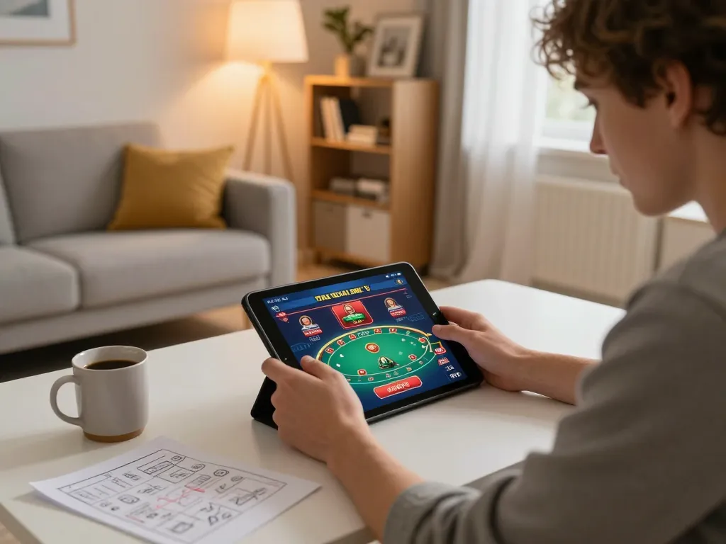fb88 đăng nhập at home gaming session on tablet with focused strategy notes