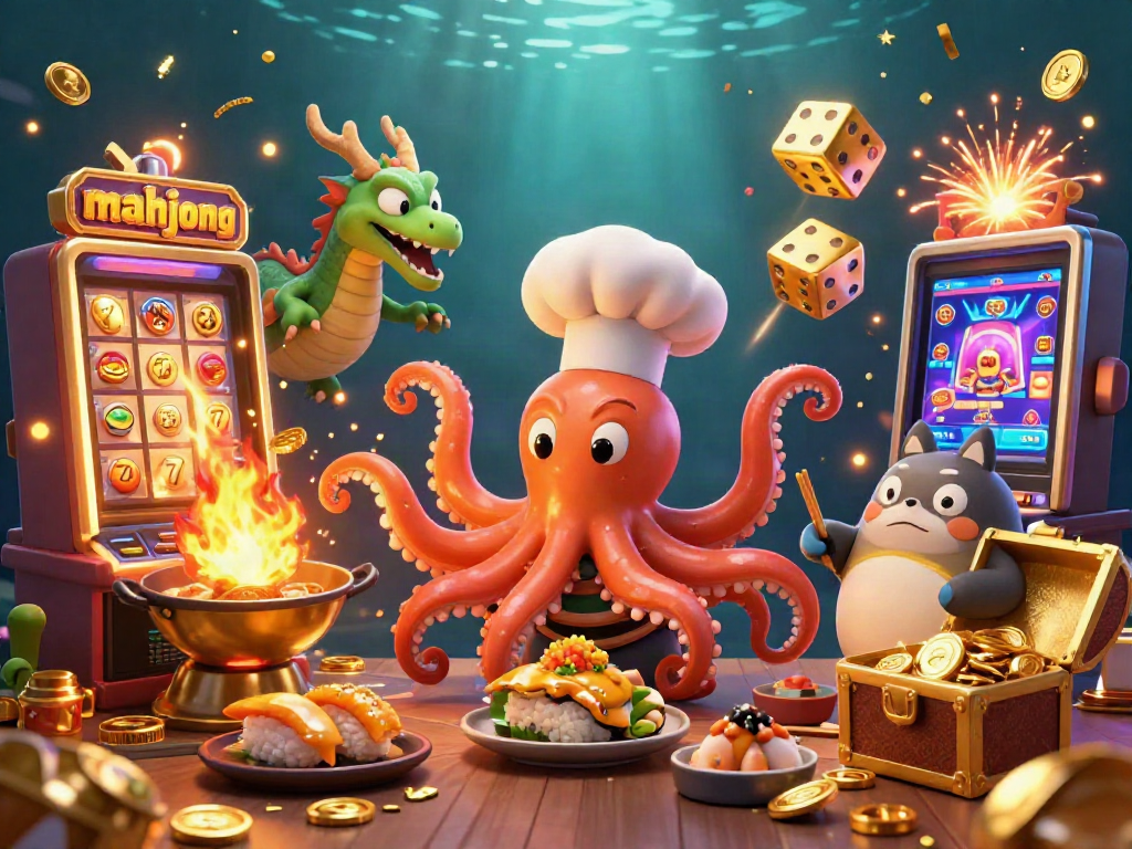 Experience mahjong excitement with a vibrant, packed scene of a sushi chef octopus, dragon, and tanuki in a casino setting.