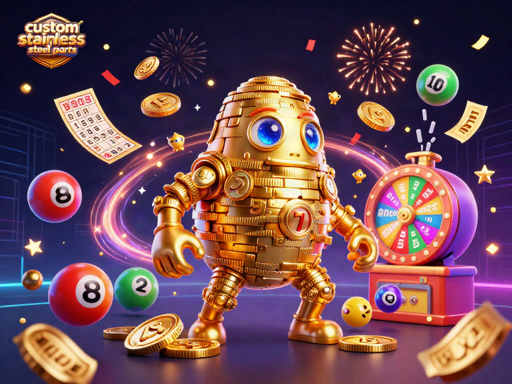 Engage in custom stainless steel parts gaming with vibrant lottery balls and a golden golem!