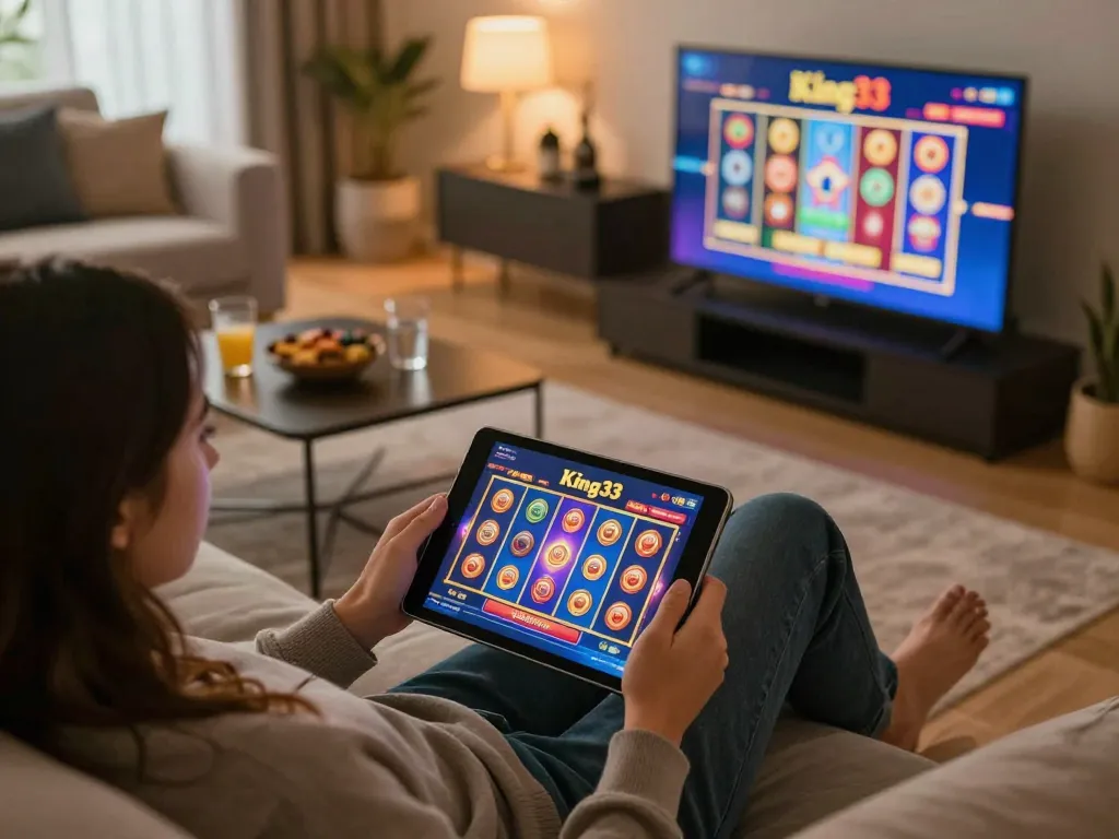 Engaged player enjoying king33 online casino games on tablet in cozy home setting