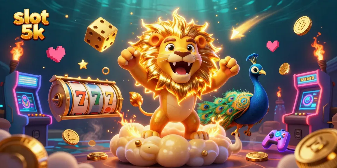 Experience slot 5k excitement with a vibrant casino scene featuring colorful slot reels and golden characters.