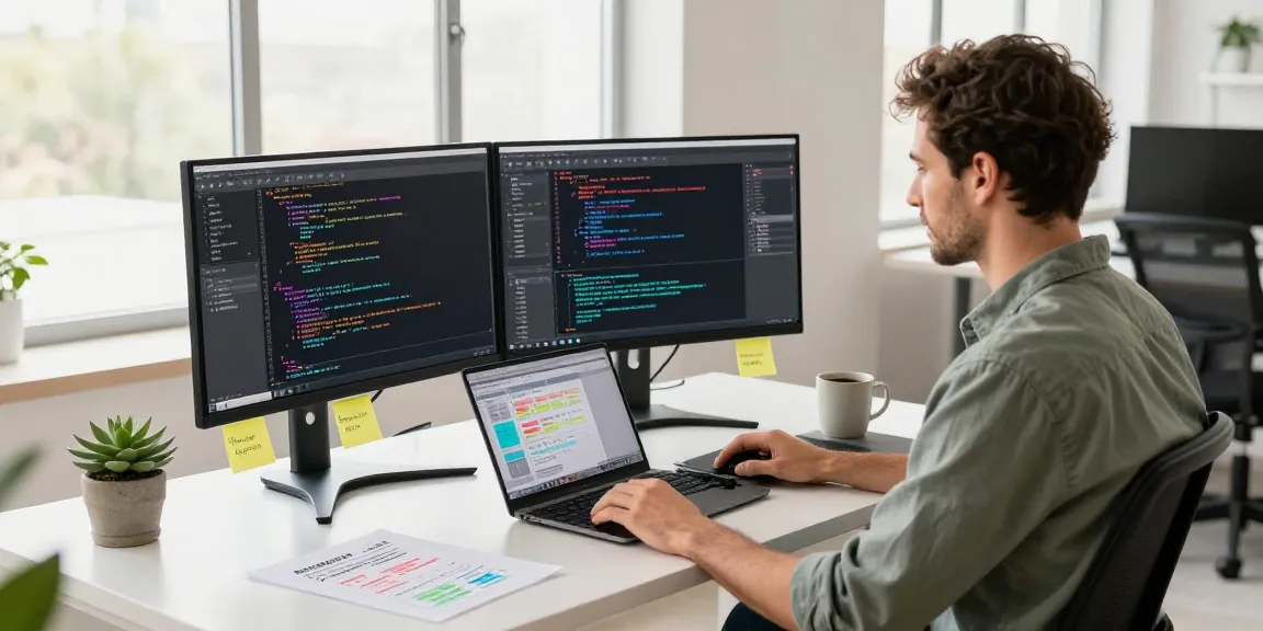 Developer coding in a modern workspace with vibrant screens; 纸飞机中文版 productivity atmosphere.