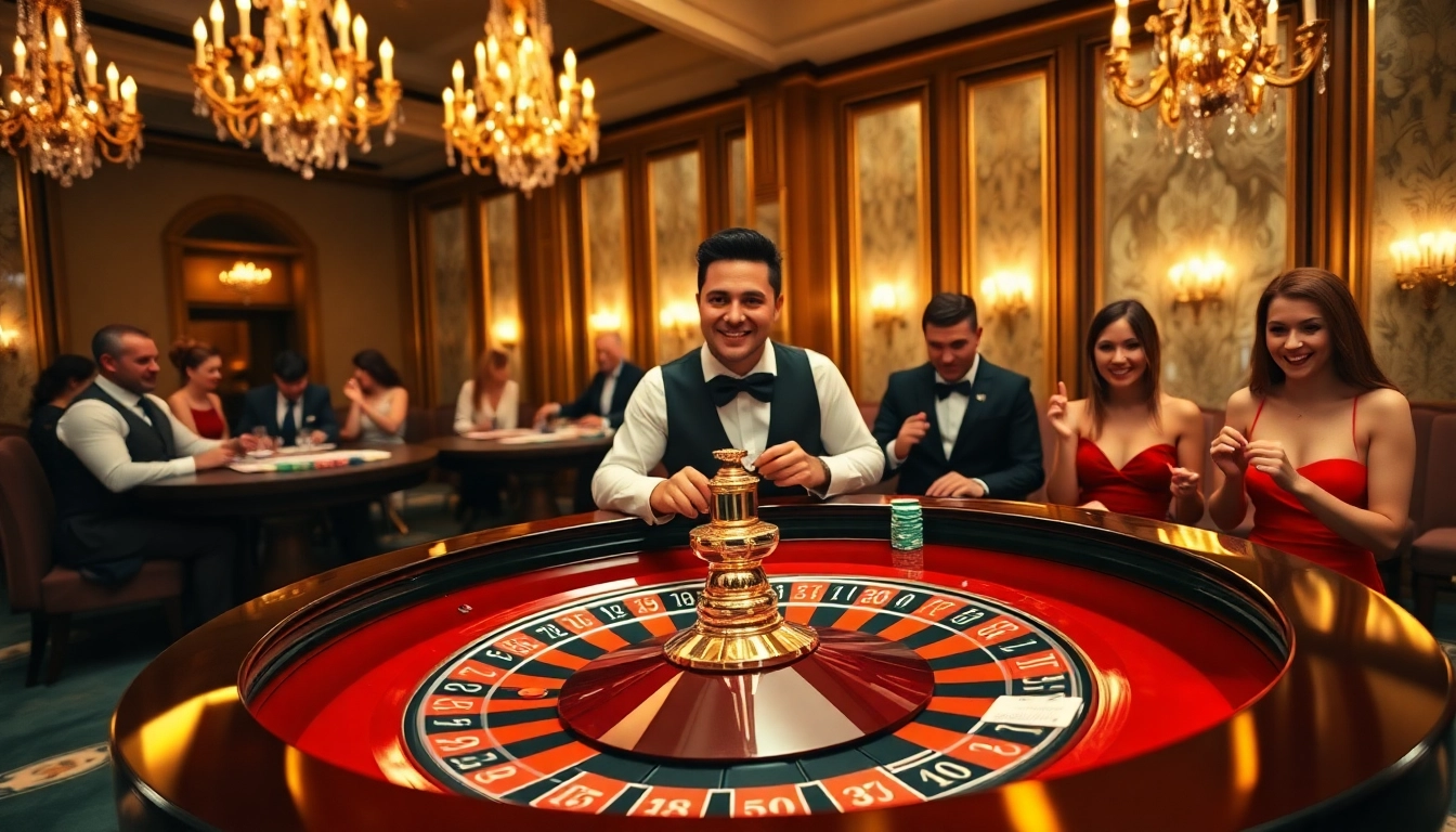 Découvrez l'excitation du meilleur casino en ligne avec des joueurs profitant d'une table de roulette et d'un gameplay passionnant.