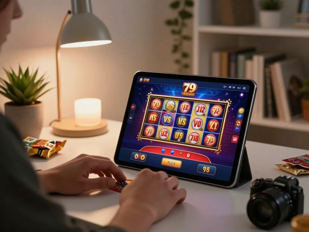 Engaging with the 79 king casino app on a tablet in a stylish home office.
