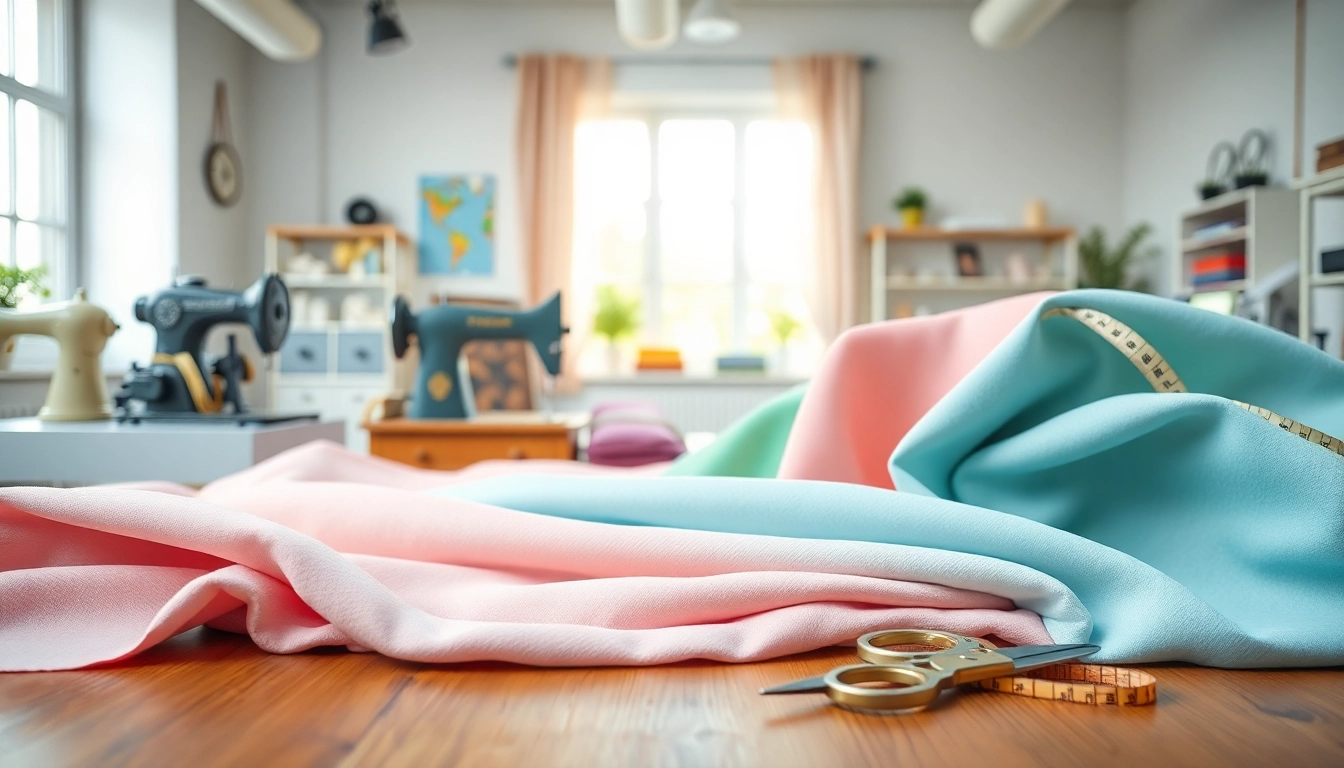 Katoen stof voor kleding in een kleurrijke stoffencollectie op een houten tafel.